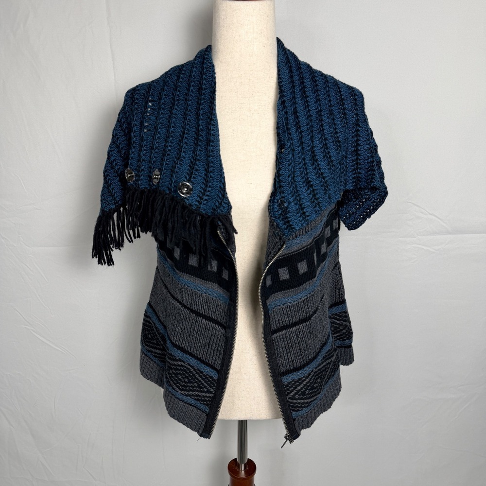 Curio New York Women Blue Grey Knit Zip Up Sweater Vest Fringe Shawl Collar Med